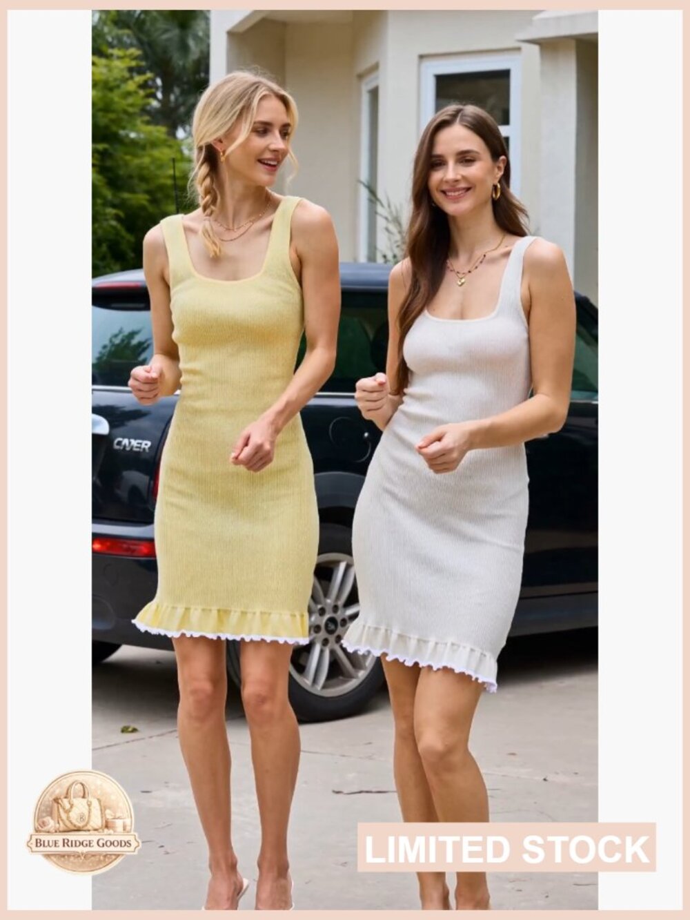 Square Neck Ruffle Mini Dress Sleeveless Ribbed Knit Slimming Bodycon Date Night - Picture 7 of 7